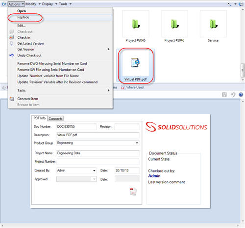 Select Virtual File and from 'Actions' choose 'Replace'